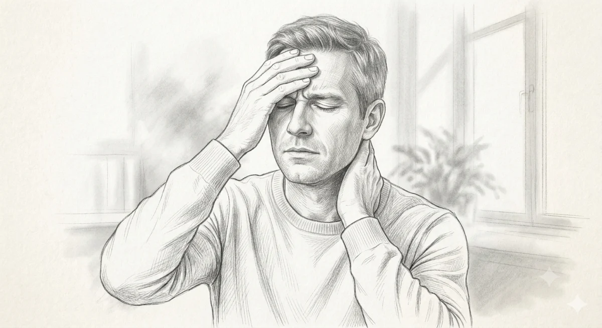 Pencil sketch of a man with one hand on his forehead and the other on his neck — how the cervical spine connects to headache, jaw pain, and dizziness via the brainstem