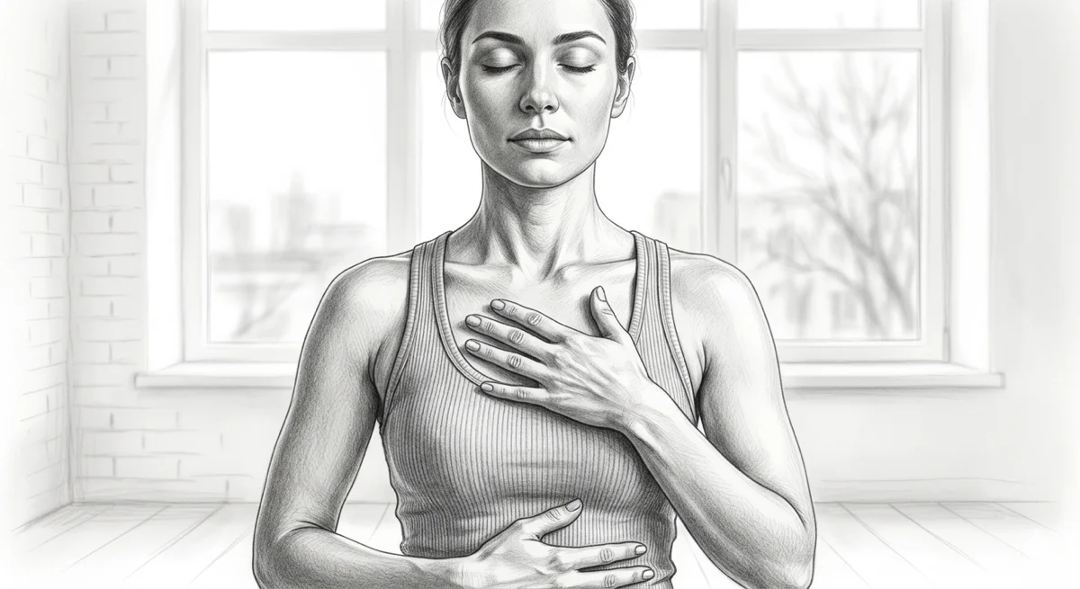 Pencil sketch of a woman standing with eyes closed and hand on chest, consciously breathing — the neuroscience of how respiratory rhythm coordinates brain activity