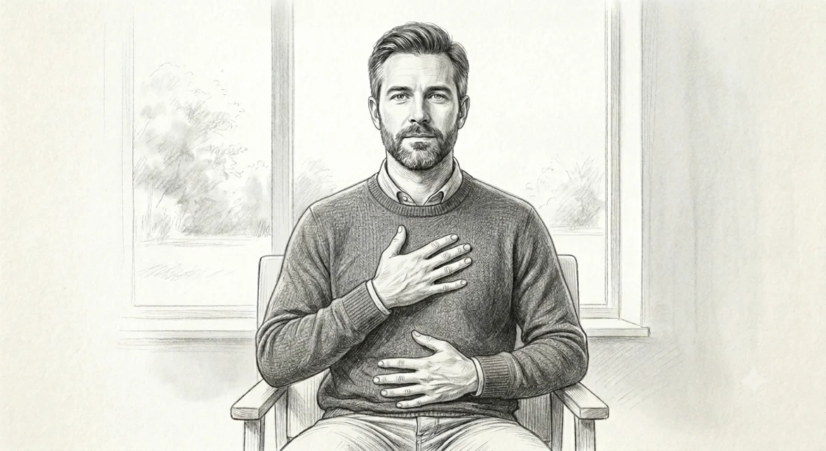 Illustration of a man sitting upright consciously practising diaphragmatic breathing — how breathing patterns influence neck, shoulder, and back pain