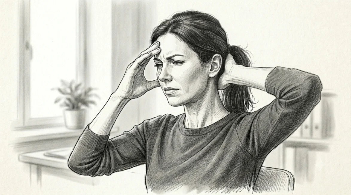 Woman with one hand at the base of her skull and one finger at her temple, tracing the referred pain pathway from neck to head