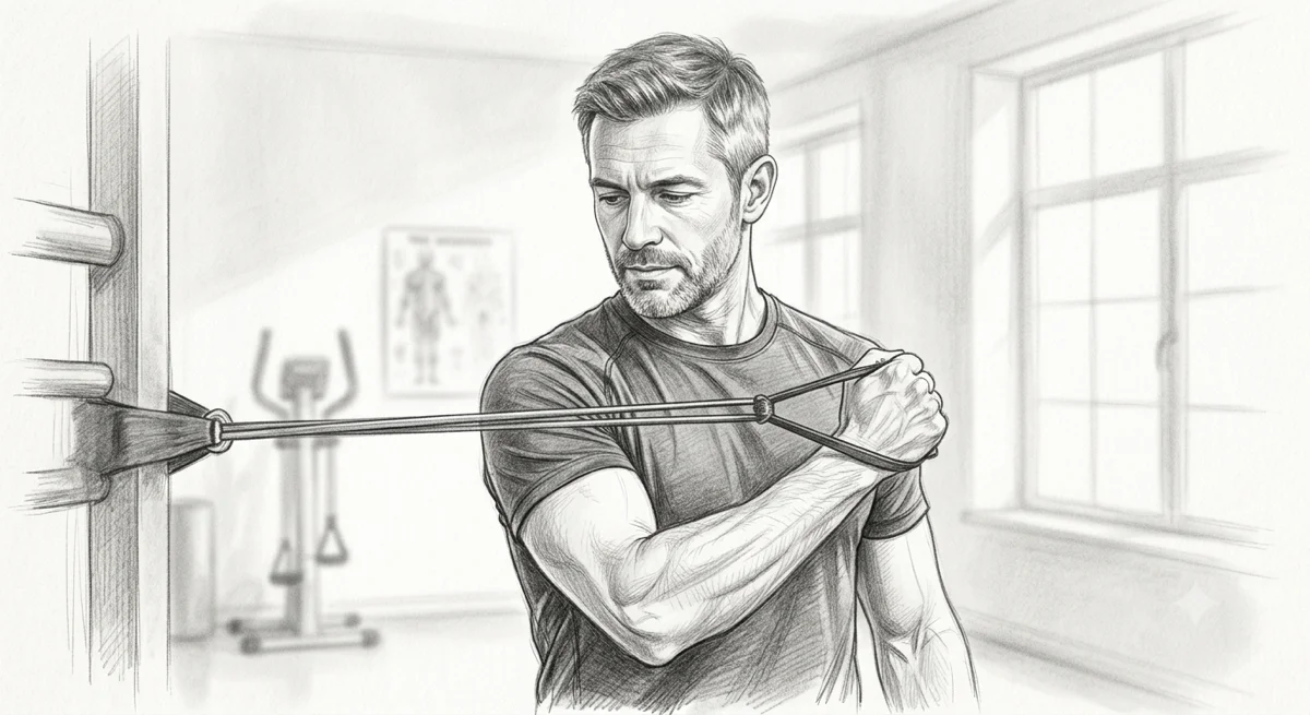 Illustration of a man performing resistance band exercises for lateral epicondylalgia — structured rehabilitation for tennis elbow