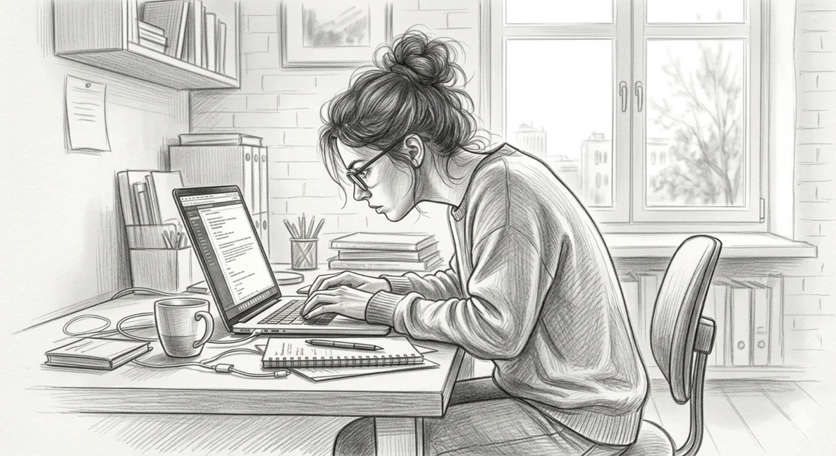 Pencil sketch of a woman at a laptop — what prolonged sitting does to your body