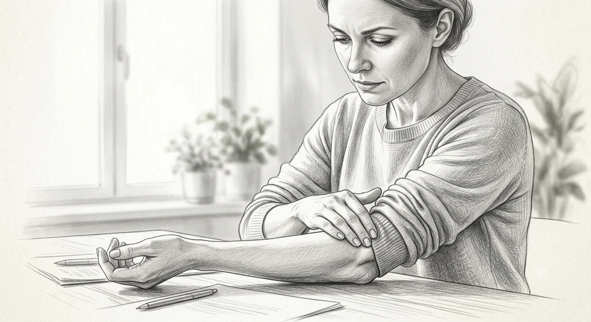 Illustration of a woman at a desk pressing gently on her lateral elbow — the fascial approach to elbow, wrist, and hand pain