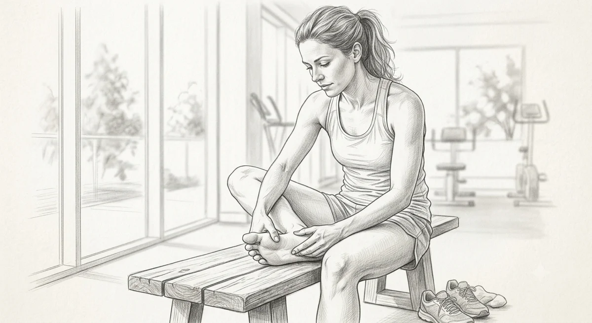 Illustration of a woman post-run pressing her thumb into her foot arch — why foot and ankle pain involves the whole kinetic chain