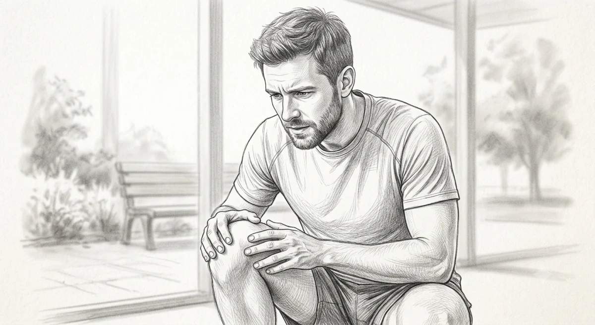 Illustration of a man in running gear crouching with a hand on his knee — why knee pain is rarely just a knee problem