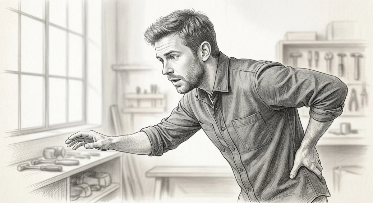 Illustration of a man pausing mid-movement with a hand pressed to his lower back — the fascial approach to lower back pain