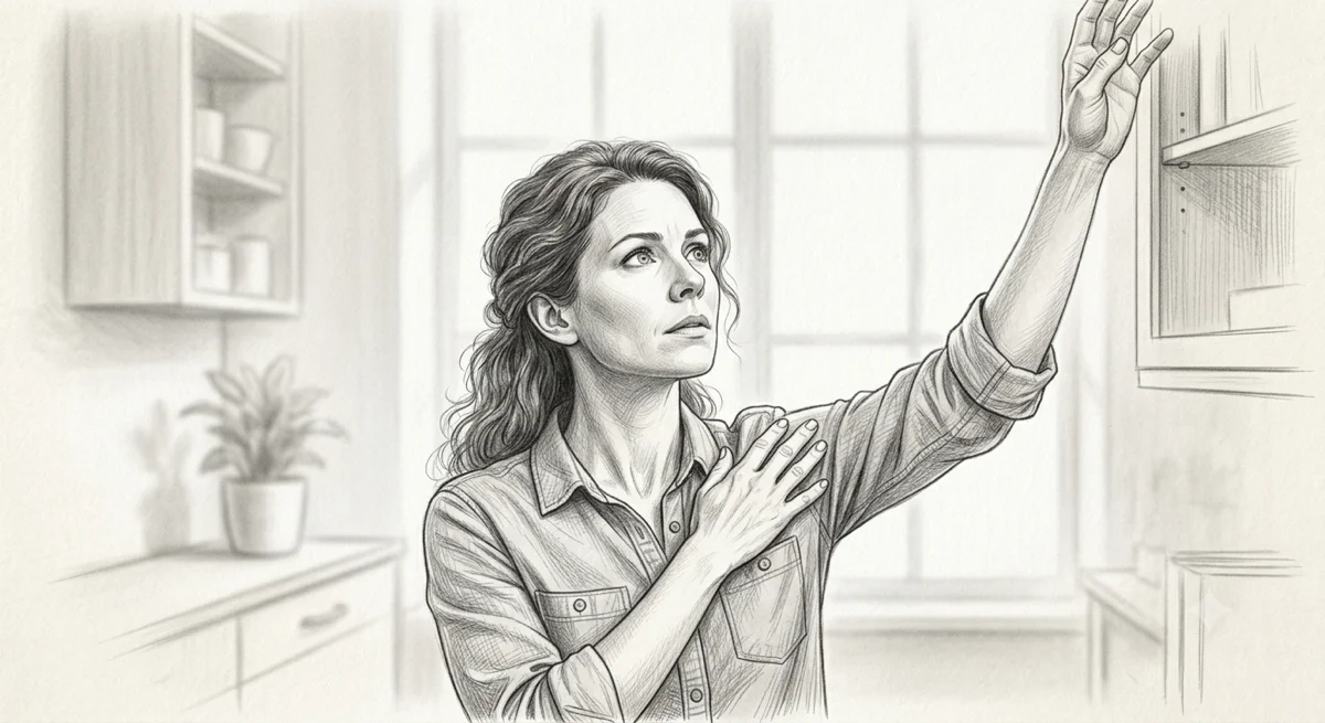 Illustration of a woman reaching overhead and instinctively touching her shoulder — the fascial approach to shoulder pain