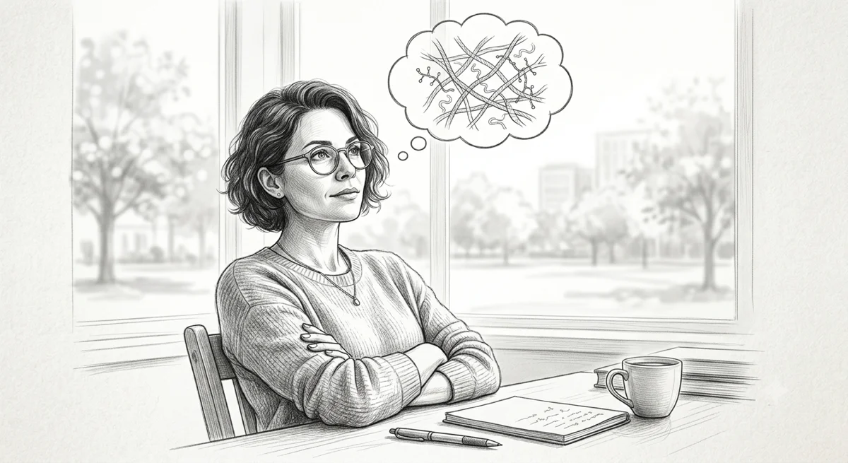 Pencil sketch of a woman sitting with arms crossed, gazing up with a thought bubble — scepticism about fascial therapy and what the extracellular matrix research actually shows