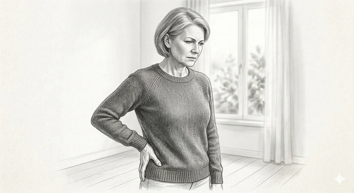 Pencil sketch of a woman standing with one hand on her hip — the fascial approach to hip pain and why deep gluteal and fascial assessment matters beyond imaging