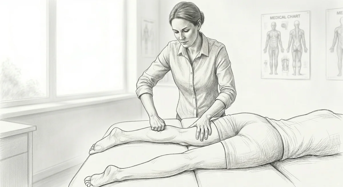 A Fascial Manipulation therapist applying focused manual pressure to a patient's lower leg on a treatment couch