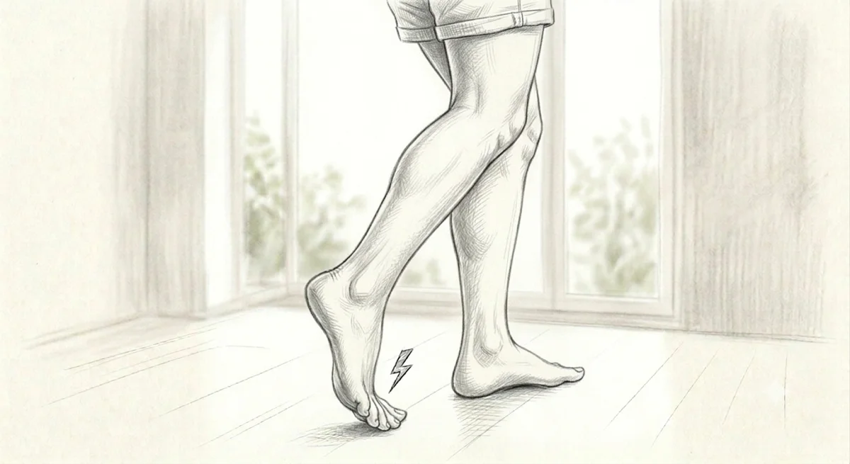 Illustration of a woman rising onto her toes and noticing a restriction in big toe extension — functional hallux limitus and kinetic chain effects on knee, hip, and plantar fascia