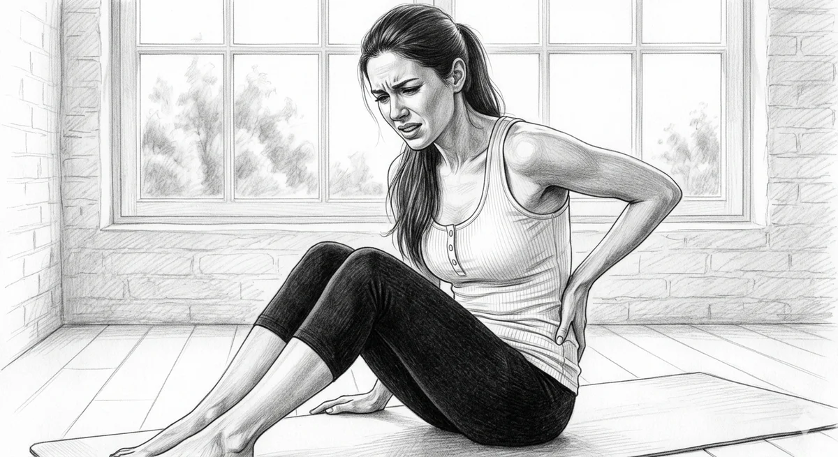 Pencil sketch illustration of a person performing sit-ups, highlighting the lower back and abdominal muscles involved in core loading and thoracolumbar fascia load transfer.