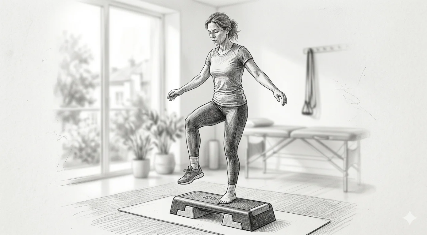 Pencil sketch of a woman performing a lateral step-up exercise, illustrating gluteal activation during functional movement