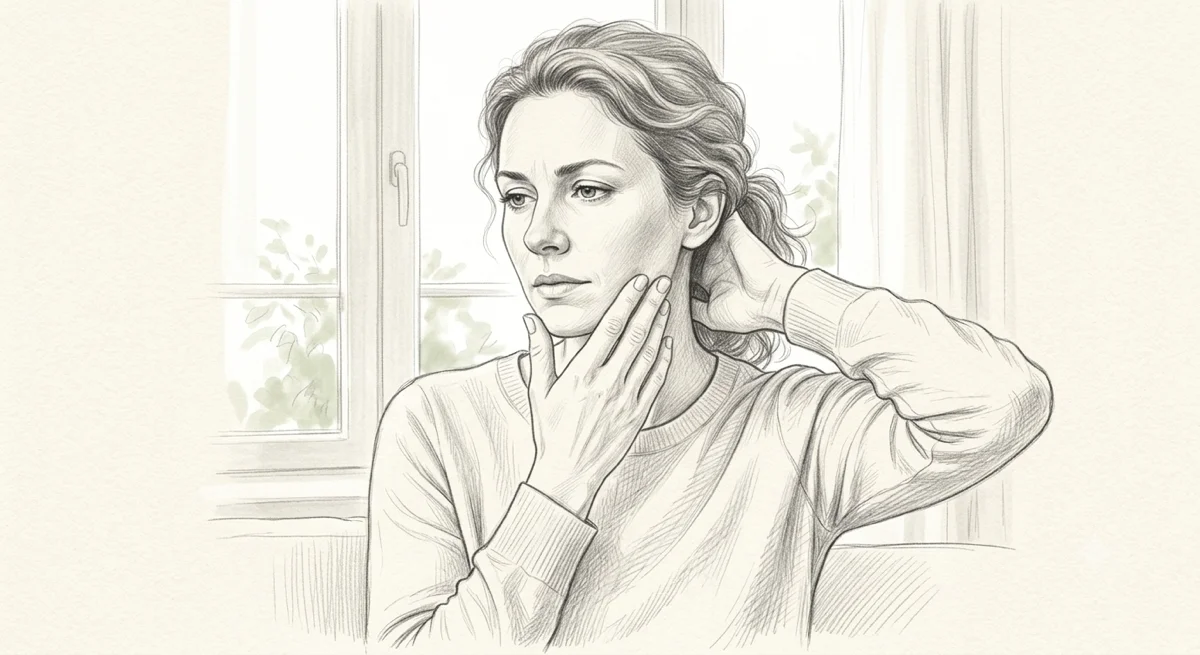Illustration of a woman with one hand at her jaw and the other at the base of her skull — the neck, jaw, and brainstem connection linking headache, dizziness, and tinnitus