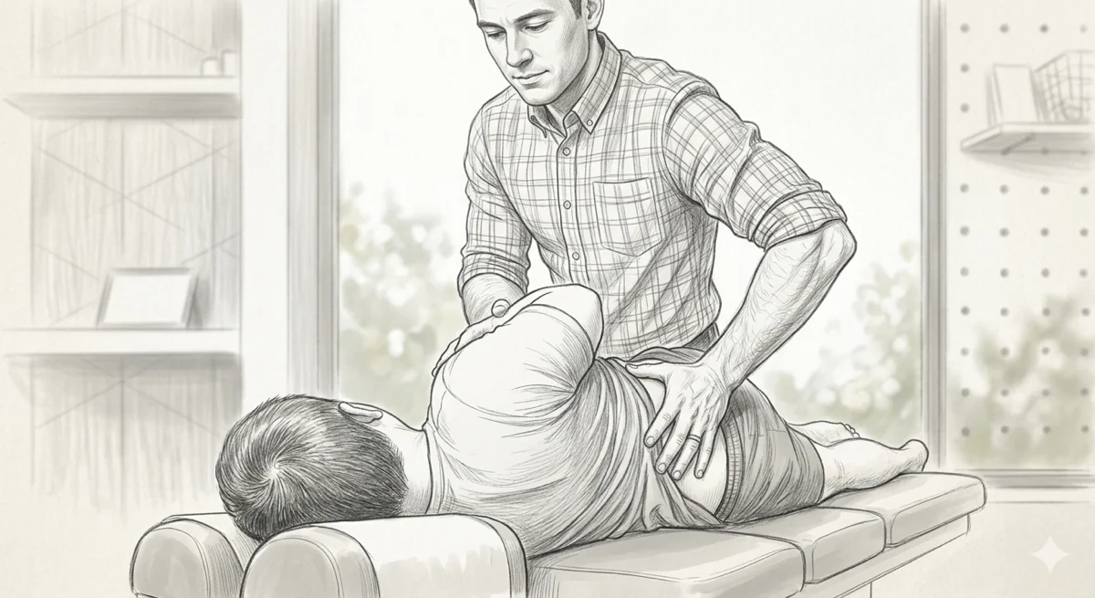Pencil sketch of a chiropractor performing a spinal adjustment on a prone patient — the neurophysiological effects of joint manipulation beyond the audible click