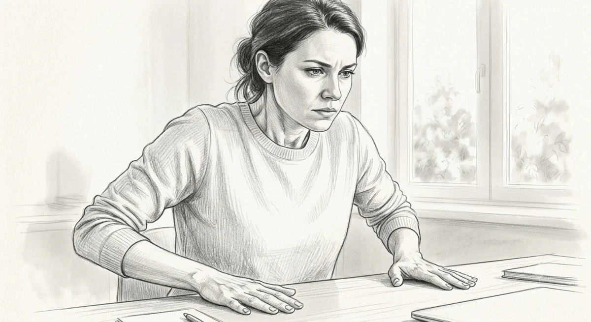 Illustration of a woman at a desk with hands flat on the surface and elevated upper body tension — the panic-breathing loop, CO2 dysregulation, and the nervous system