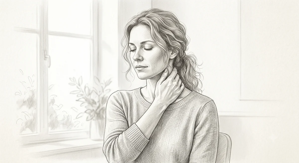 Pencil sketch of a woman gently pressing her hand to her neck after treatment — post-treatment soreness, the hyaluronan cascade, and what the research says is happening