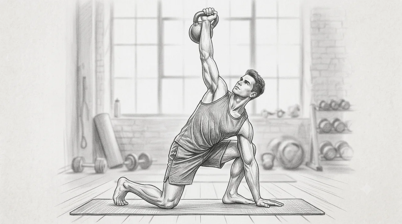 Pencil sketch of a person doing a Turkish get-up with a kettlebell — training the body's sling system for whole-body load transfer