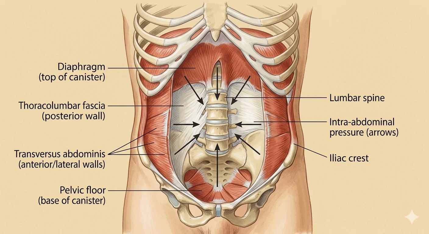 Diagram of the abdominal canister model showing the diaphragm at the top, pelvic floor at the base, and the transversus abdominis and multifidus forming the lateral walls, with intra-abdominal pressure arrows and the thoracolumbar fascia labelled at the posterior wall.