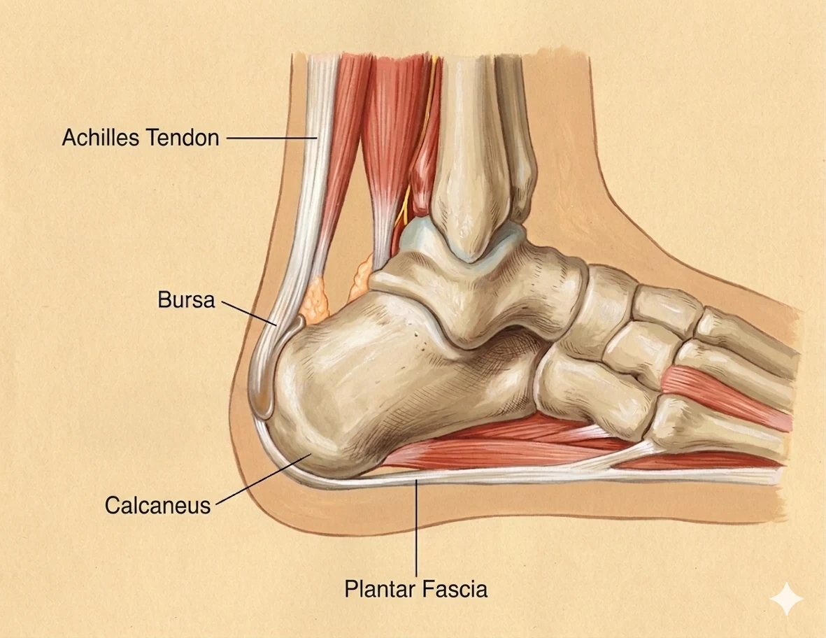 Lateral view of the heel and ankle showing the Achilles tendon inserting into the posterior calcaneus, the retrocalcaneal bursa between the tendon and bone, and the plantar fascia extending forward from the inferior calcaneus. Key structures labelled: Achilles Tendon, Bursa, Calcaneus, Plantar Fascia.