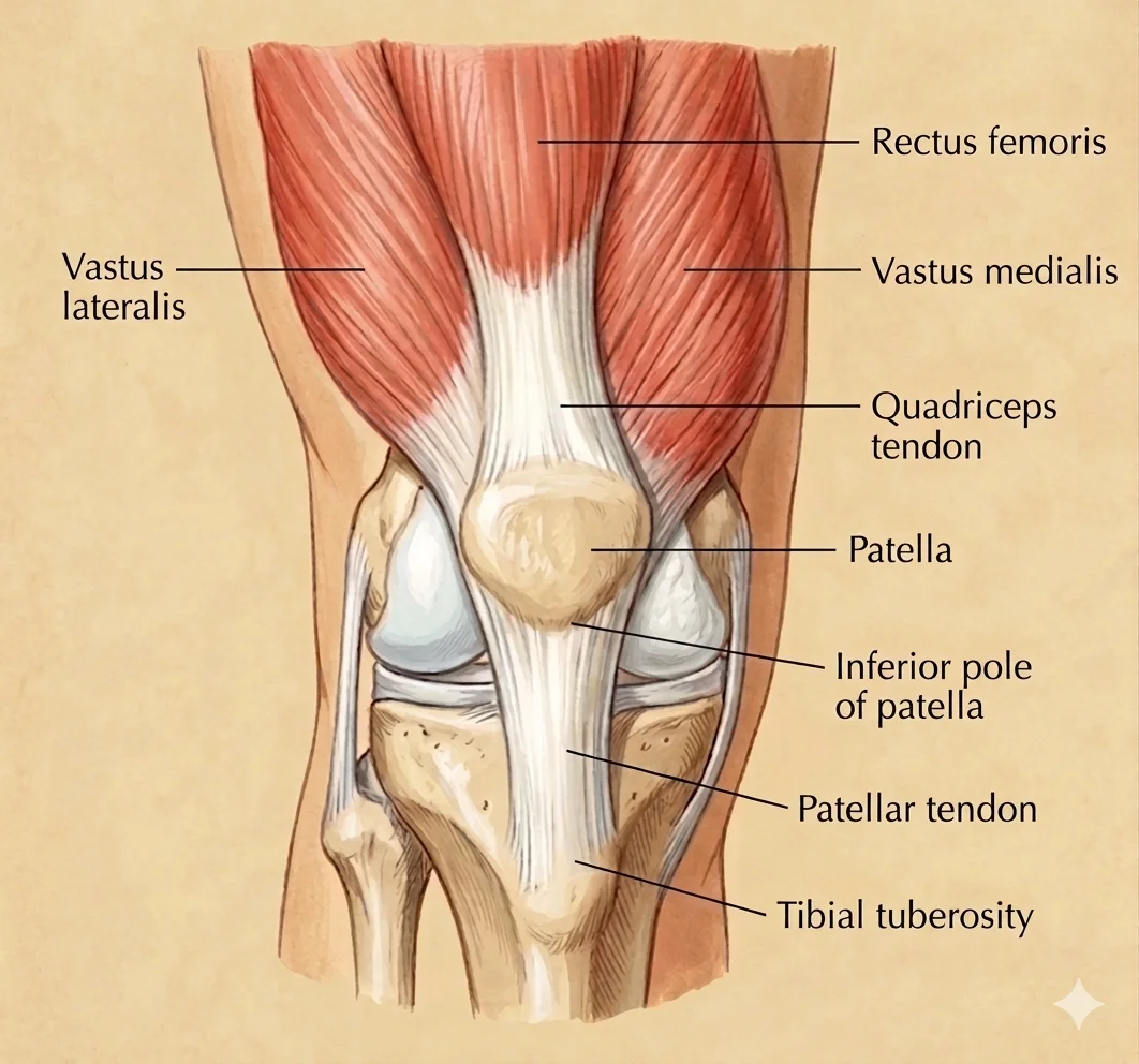 Anterior anatomical illustration of the knee showing the quadriceps mechanism — rectus femoris, vastus medialis, vastus lateralis, quadriceps tendon, patella, inferior pole of patella, patellar tendon, and tibial tuberosity — the full extensor chain involved in patellar tendinopathy