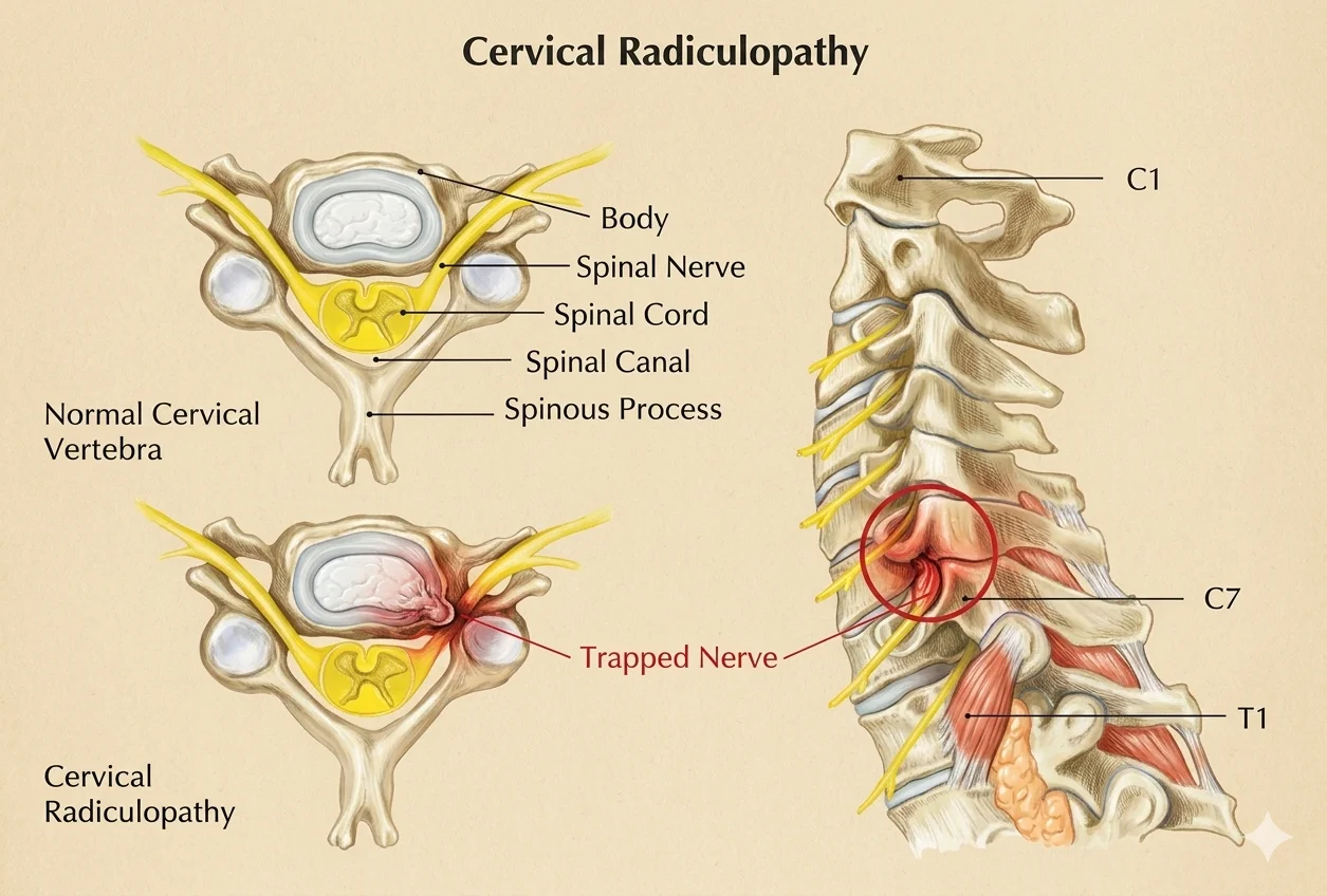 Pencil sketch illustration of cervical radiculopathy showing nerve root compression at the cervical spine with radiating arm symptoms.