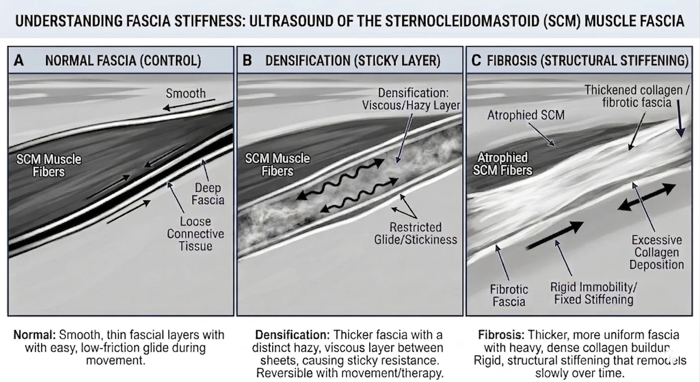 Three-panel ultrasound diagram of sternocleidomastoid muscle fascia showing the spectrum from normal fascia with smooth free-gliding layers, to fascial densification with a viscous hyaluronan sticky layer and restricted glide, to structural fascial fibrosis with dense collagen buildup and fixed stiffening