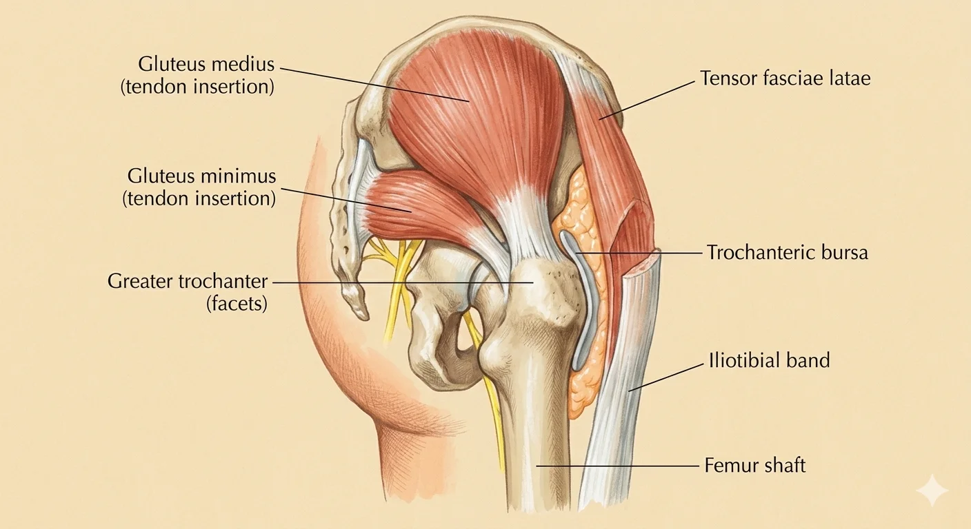 Anatomical illustration of the lateral hip showing gluteus medius and gluteus minimus tendon insertions at the greater trochanter facets, tensor fasciae latae, trochanteric bursa, iliotibial band, and femur shaft — the structures involved in gluteal tendinopathy and greater trochanteric pain syndrome