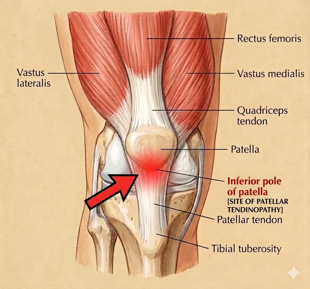 Anatomical illustration of the anterior knee with a red arrow indicating the inferior pole of the patella — labelled as the site of patellar tendinopathy — showing the precise location where the patellar tendon originates and where degenerative change develops under cumulative load