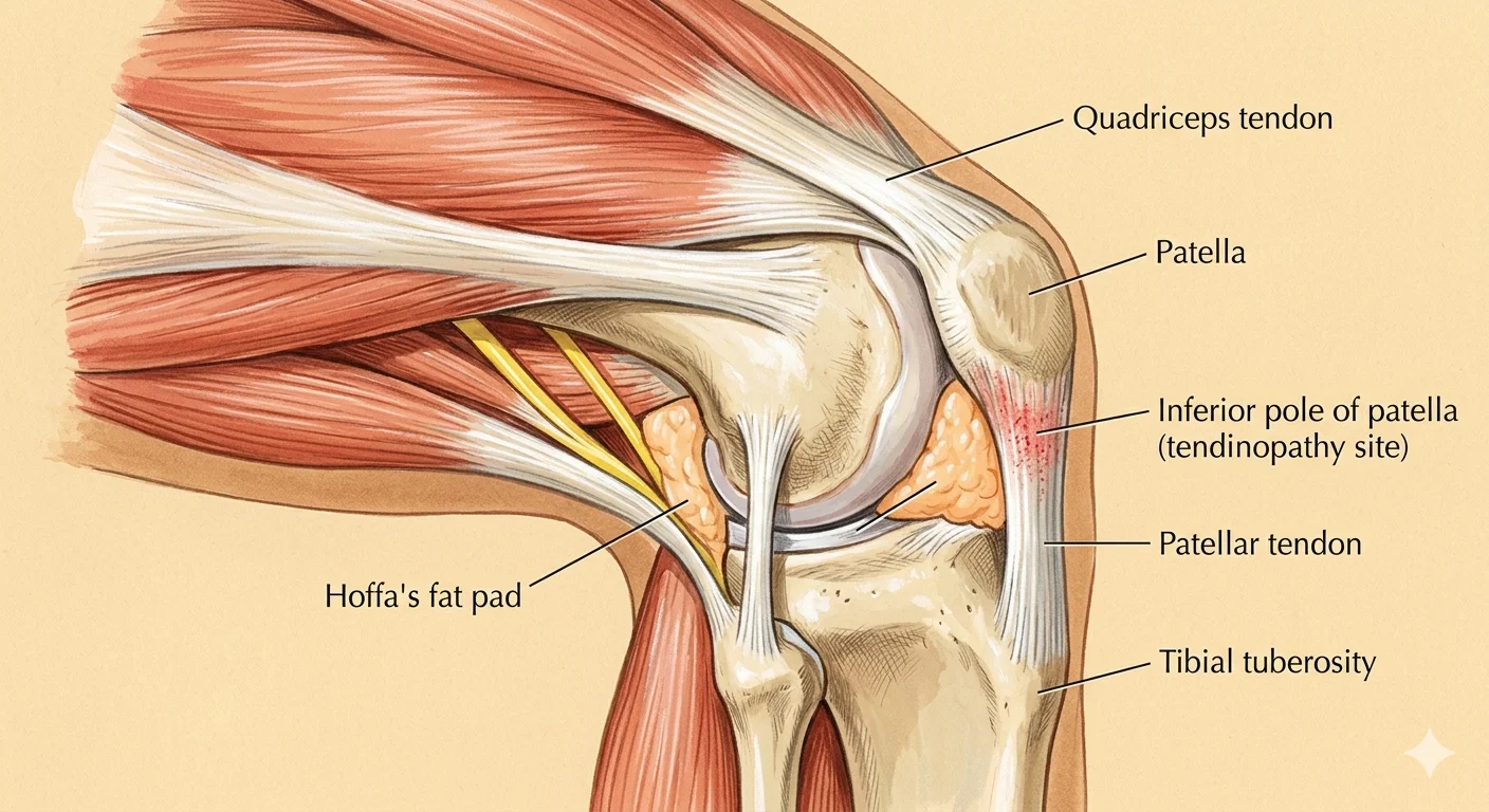 Illustrated cross-section of the knee joint showing the patella, patellar tendon, femoral condyles, tibial plateau, and surrounding structures including the infrapatellar fat pad and synovial lining.