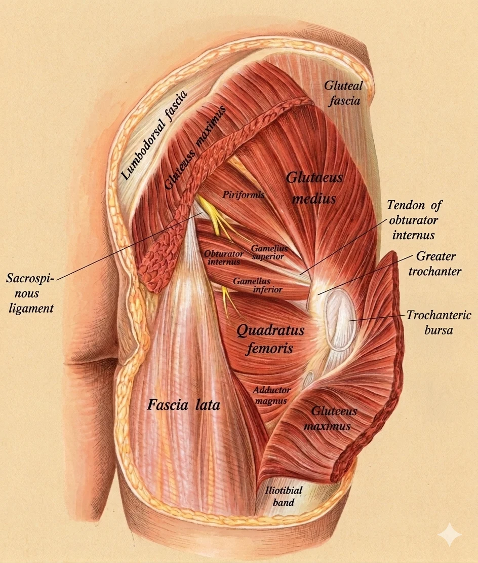 Posterior dissection of the right hip with gluteus maximus reflected, showing the deep gluteal space — piriformis, obturator internus, gemellus superior and inferior, and quadratus femoris labelled. Gluteus medius, fascia lata, iliotibial band, trochanteric bursa, greater trochanter, sacrospinous ligament, and lumbodorsal fascia also visible.