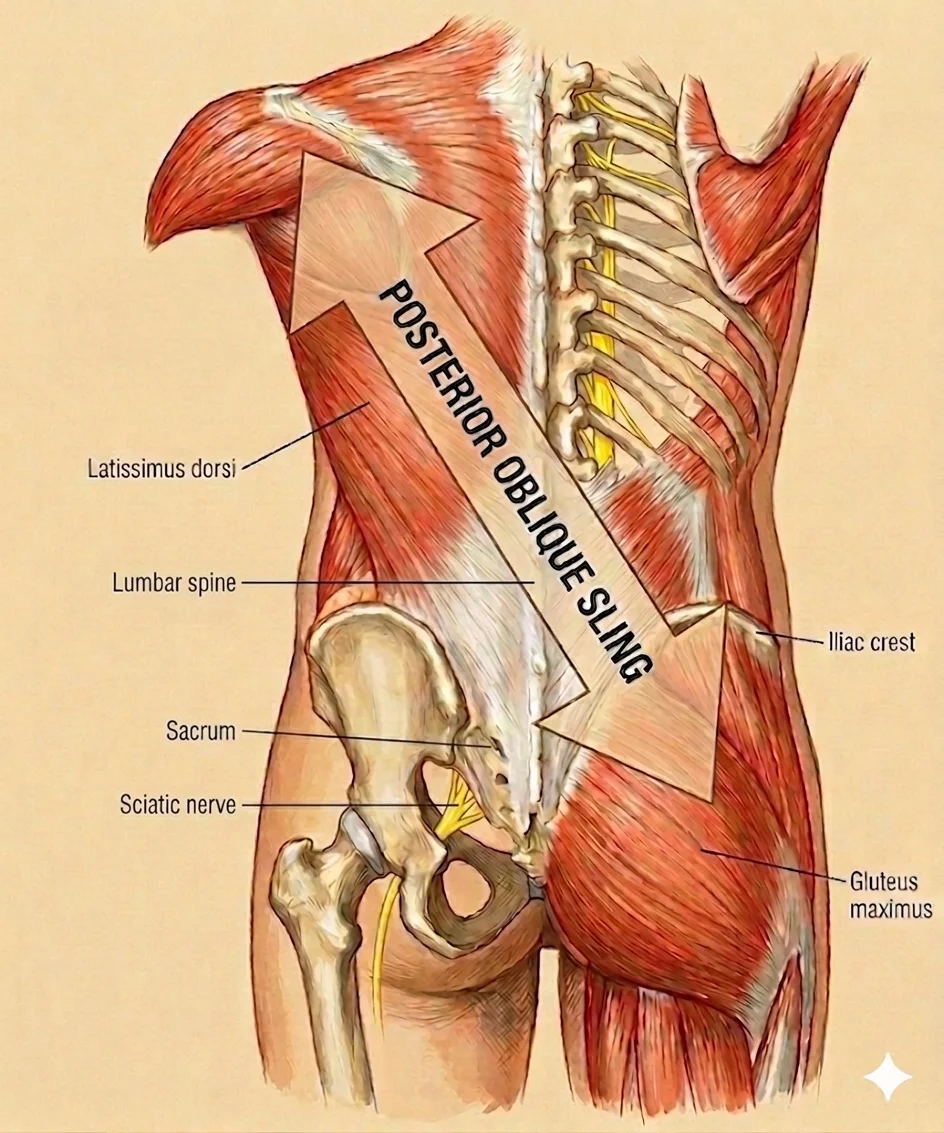 Anatomical illustration of the posterior oblique sling showing latissimus dorsi connecting diagonally through the thoracolumbar fascia to the contralateral gluteus maximus, with the lumbar spine, iliac crest, sacrum, and sciatic nerve labelled — the primary rotational load-transfer chain of the posterior trunk