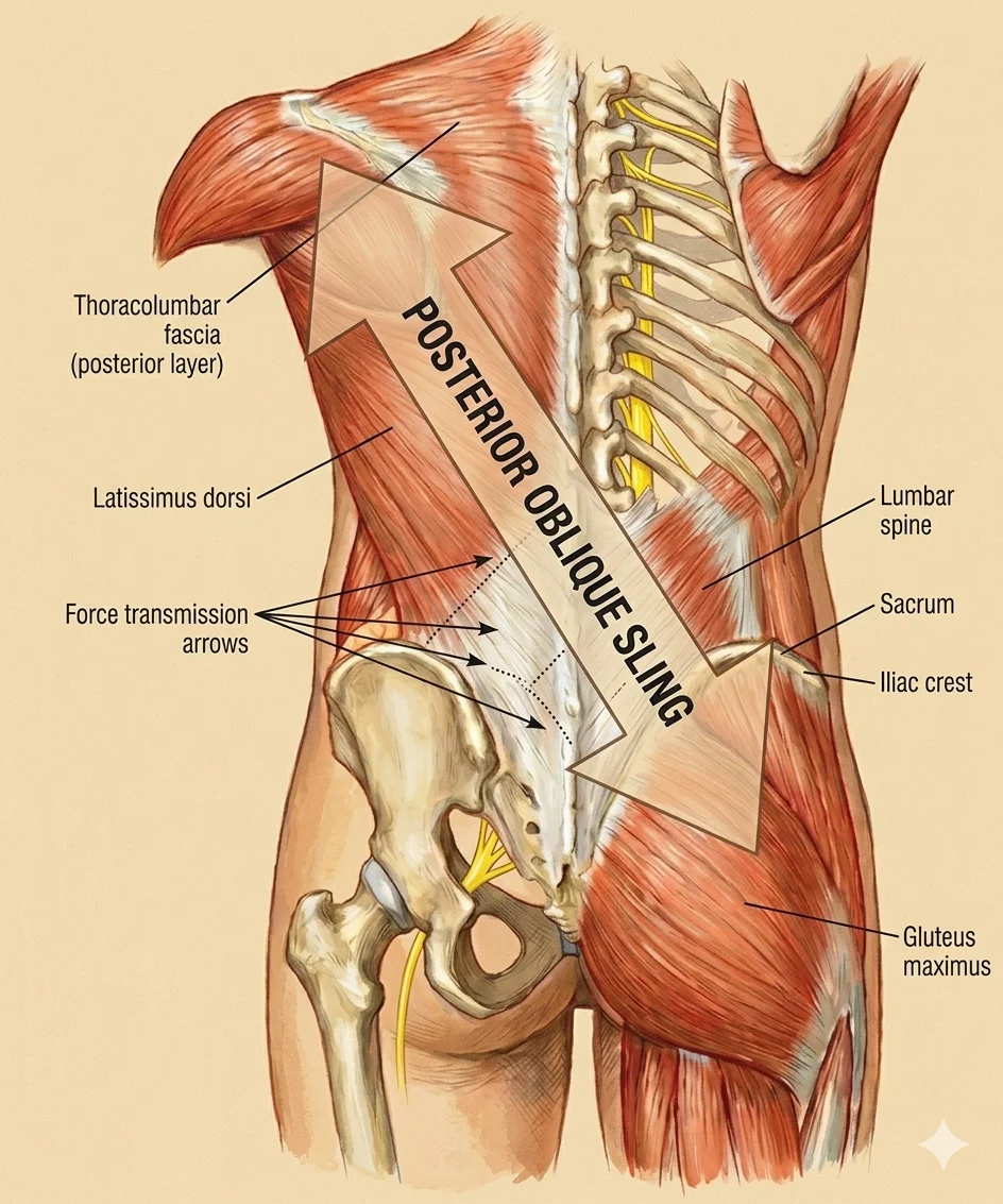 Anatomical illustration of the posterior oblique sling showing force transmission arrows from the thoracolumbar fascia posterior layer across the diagonal from latissimus dorsi through the sacrum and iliac crest to gluteus maximus — demonstrating diagonal load transfer across the posterior trunk during movement
