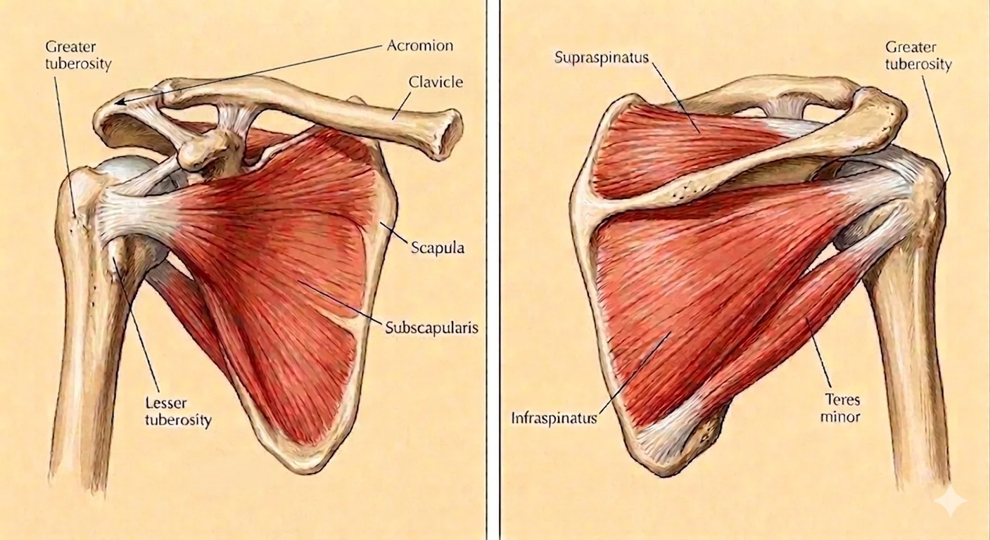 Anatomical illustration showing the four rotator cuff muscles from anterior and posterior views — anterior view labels subscapularis, acromion, clavicle, scapula and lesser tuberosity; posterior view labels supraspinatus, infraspinatus and teres minor inserting onto the greater tuberosity of the humerus