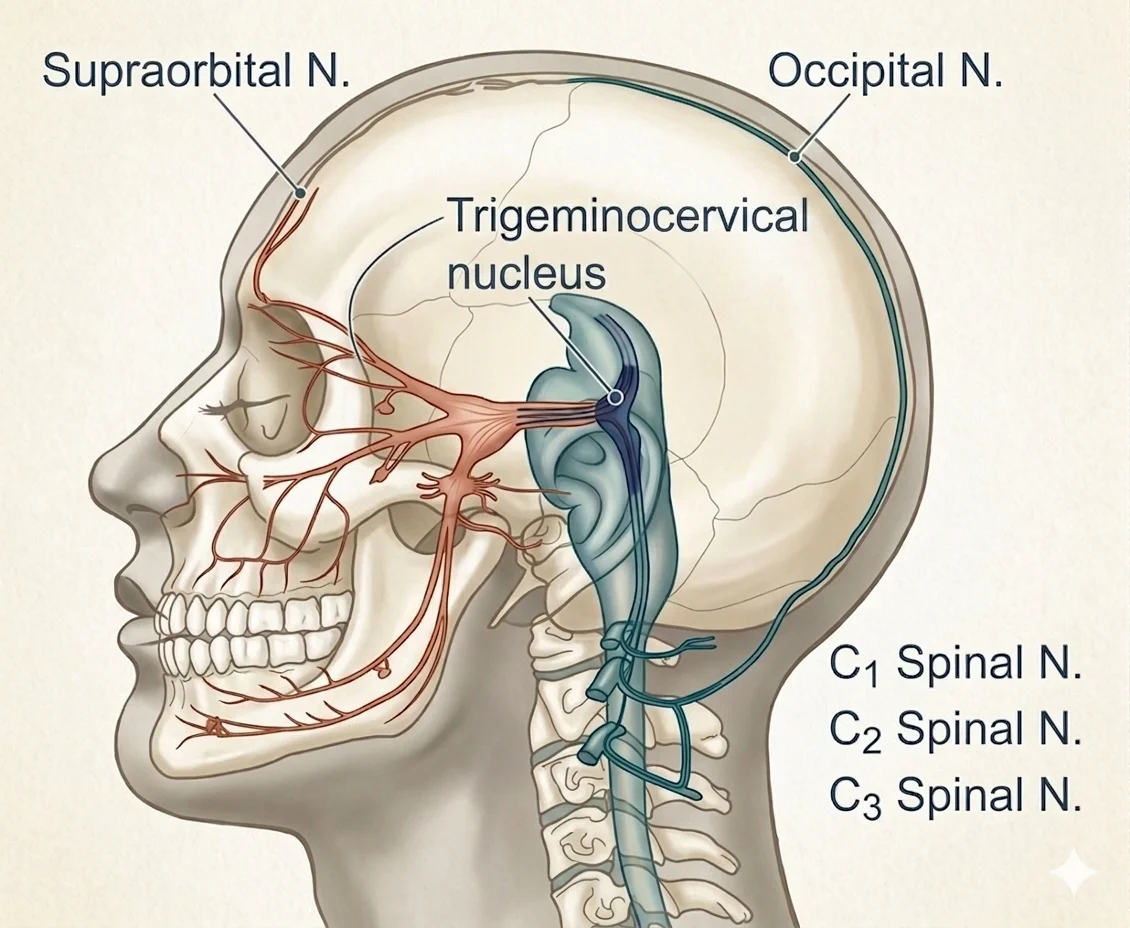 Diagram of the trigeminocervical nucleus showing convergence of trigeminal nerve inputs from the head and face with upper cervical (C1–C3) inputs from the neck, explaining referred pain patterns in cervicogenic headache, migraine, and TMD